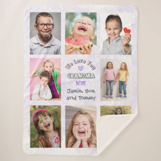 We Love You Grandma Photo Collage (Purple Bkg) Sherpa Deken