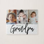 We love you Grandpa Grandchildren photos Legpuzzel<br><div class="desc">Using beautiful and modern Typography for the words "We love you Grandpa",  elegant script and classic font together with san serif type. Customize this photo puzzle with the grandkids' photos for the grandfather to treasure and cherish Simple,  with 3 photo spots,  thoughtfully laid-out. A wonderful gift for granddad.</div>
