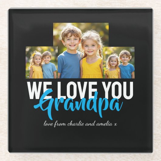 WE LOVE YOU Grandpa Photo Collage Blue Script Glazen Onderzetter (Voorkant)