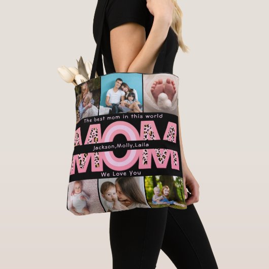 We Love You Mam Roze Minimalist 6 Fotocollage Tote Bag (Dichtbij)