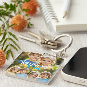 We Love You Papa Fotocollage Blauwe Gele Schrift Sleutelhanger