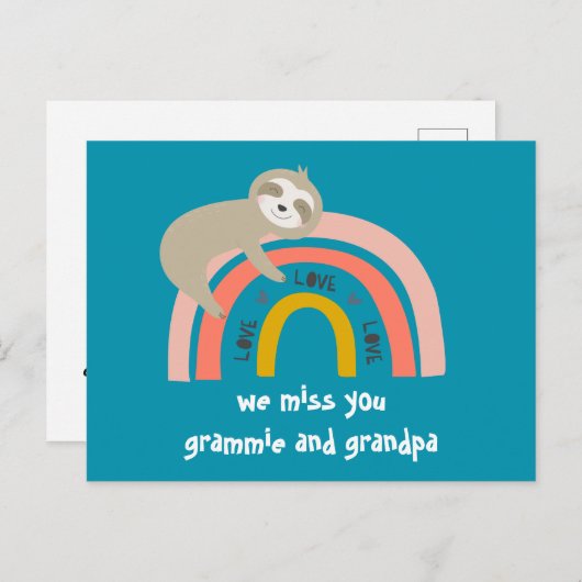 We missen jullie Rainbow Sloth grootouders Briefka Briefkaart (Voorkant / Achterkant)