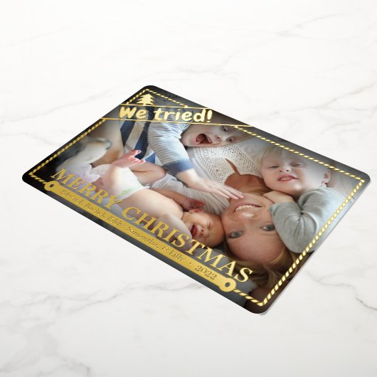 We probeerden | Vreemde kerst | Horizontaal fotoge Folie Feestdagenkaart (Gedraaid)