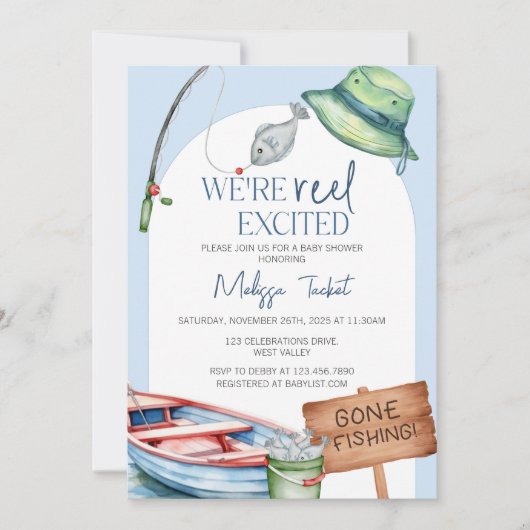 We’re Reel Excited, fishing-themed baby shower  Kaart (Voorkant)