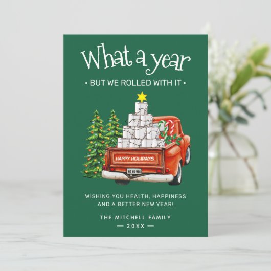 We rolden met het grappige Covid 19 Prettige feest Feestdagenkaart (Staand voorkant)