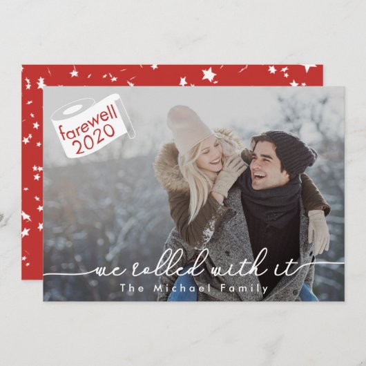 We rolden met het rode en witte sterren 2020 foto feestdagenkaart (Voorkant / Achterkant)