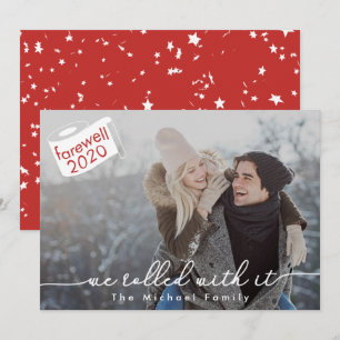We rolden met het rode en witte sterren 2020 foto feestdagenkaart