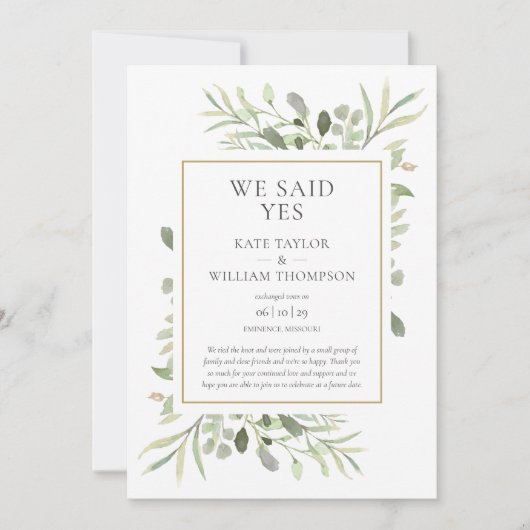 We Said Yes Elopement Huwelijksaankondiging Kaart (Voorkant)