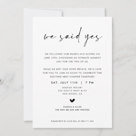 We Said Yes Wedding Elopement Reception Invitation Aankondiging (Voorkant)