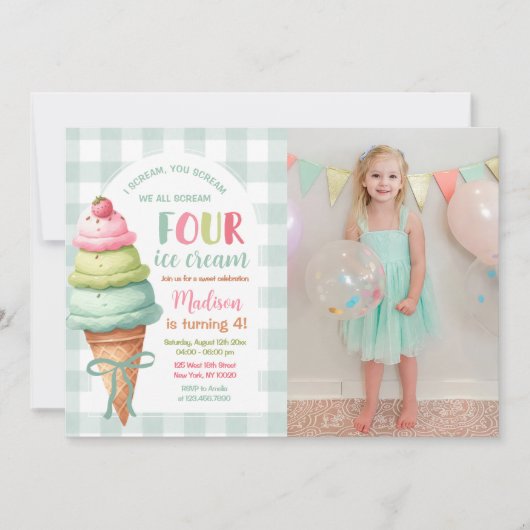 We Scream Four Ice Cream Bow 4th Birthday Photo Kaart (Voorkant)
