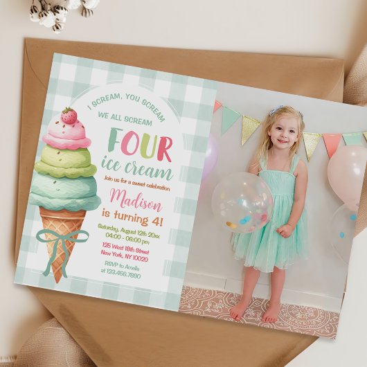 We Scream Four Ice Cream Bow 4th Birthday Photo Kaart