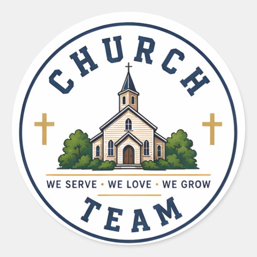 We Serve We Love Kerkteam Ronde Sticker (Voorkant)
