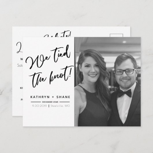 We sloten de Knot Script Wedding Announding Foto Briefkaart (Voorkant / Achterkant)