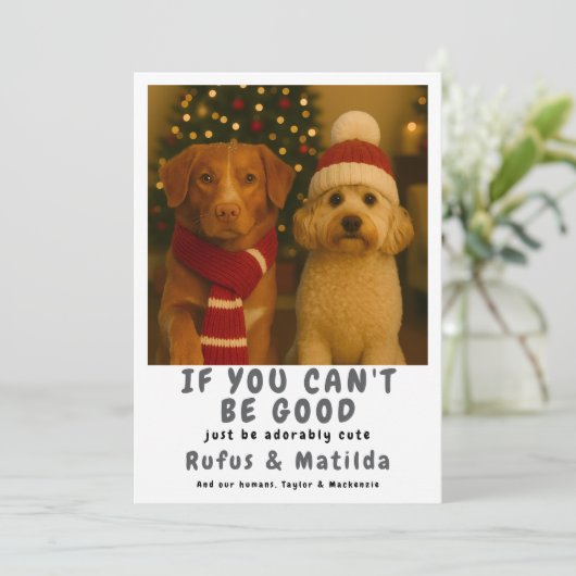 We staan op de Naughty List Hond Kerstfoto Feestdagenkaart (Staand voorkant)