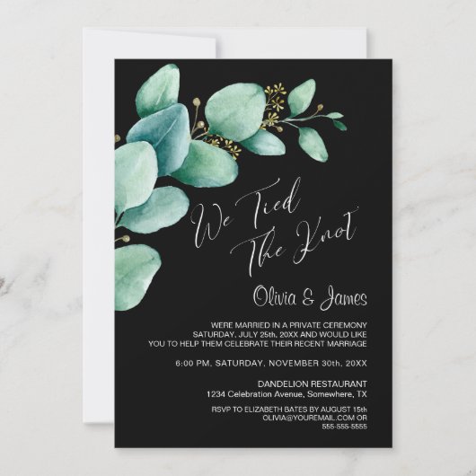 We Tied the Knot Eucalyptusbladeren Zwart Ontvangs Kaart (Voorkant)