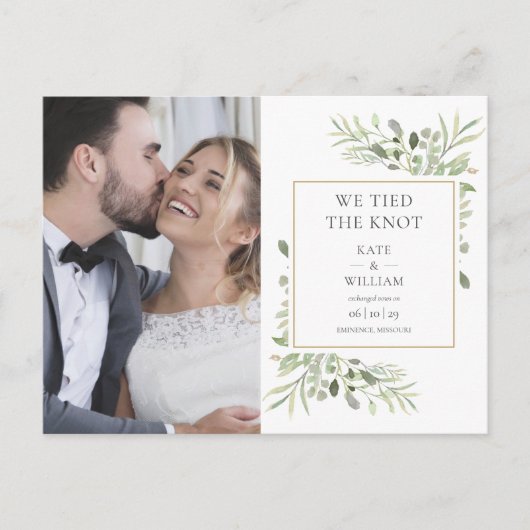 We Tied The Knot Groene Foto Huwelijk Aankondigingskaart (Voorkant)