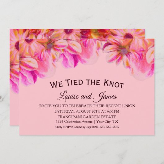 We Tied the Knot Roze Bloem Bruiloftsreceptie Kaart (Voorkant / Achterkant)