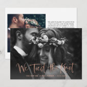 We Tied the Knot Roze Goud Schrift Elopement Foto Aankondiging (Voorkant / Achterkant)