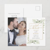 We Tied The Knot Script Groene Foto Huwelijk Aankondigingskaart (Voorkant / Achterkant)