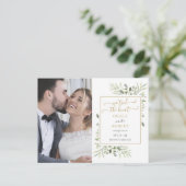 We Tied The Knot Script Groene Foto Huwelijk Aankondigingskaart (Staand voorkant)