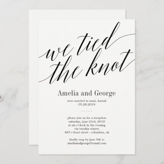We Tied The Knot Trouwreceptie Modern Script Kaart (Voorkant / Achterkant)