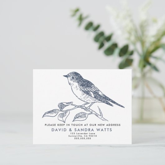 We’ve Moved Postcard – Elegant Bird Illustration Aankondigingskaart (Staand voorkant)