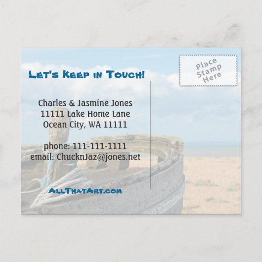 We verhuisden - Gevist boot, blauwe lucht, strand, Aankondigingskaart (Achterkant)