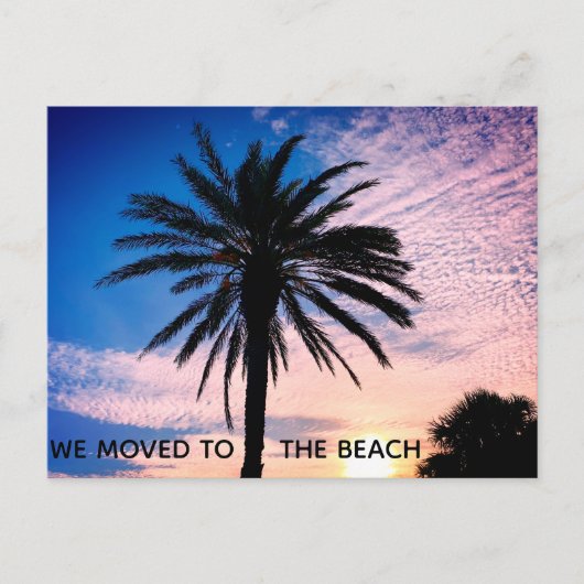 We verhuisden naar het Beach Palm Tree Home-startp Briefkaart (Voorkant)