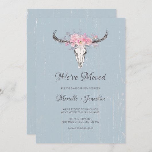 We verhuisden nieuw adres rustieke Koe schedel blo Aankondiging (Voorkant / Achterkant)