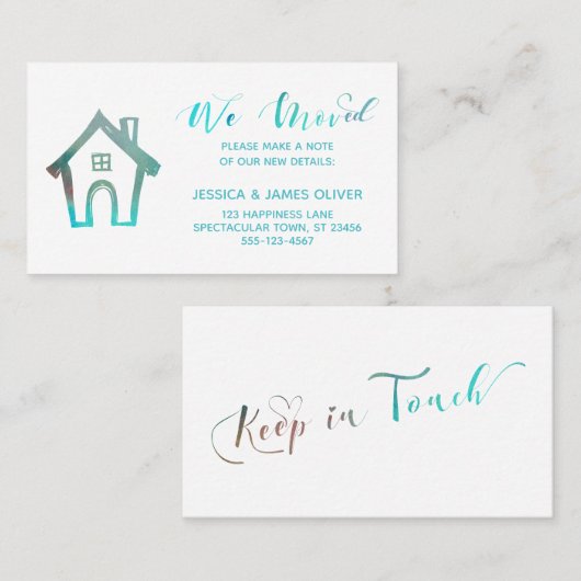 "We verhuisden" w / Hand getrokken huis Blauwgroen Visitekaartje (Voorkant / Achterkant)