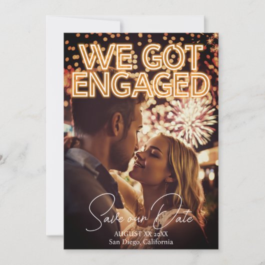 We verloofden Neon Lights Foto Save The Date (Voorkant)