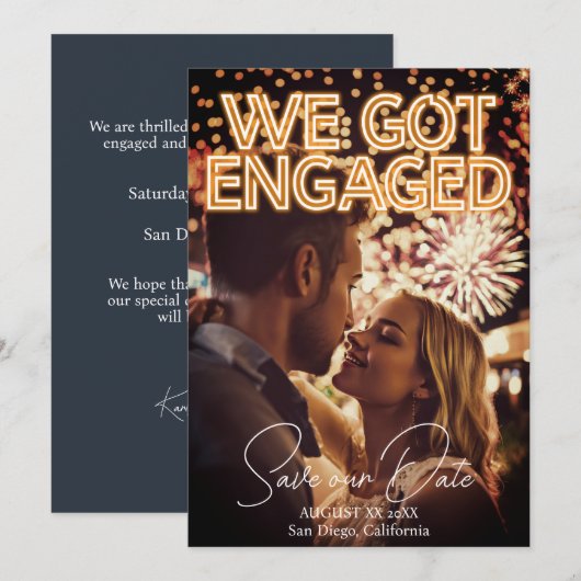 We verloofden Neon Lights Foto Save The Date (Voorkant / Achterkant)