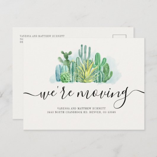 We verplaatsen Waterverf Cacti-adreswijziging Aankondigingskaart (Voorkant / Achterkant)