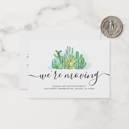 We verplaatsen Waterverf Cacti-adreswijzigingsnoti Notitiekaartje (Voorkant / Achterkant in situ)