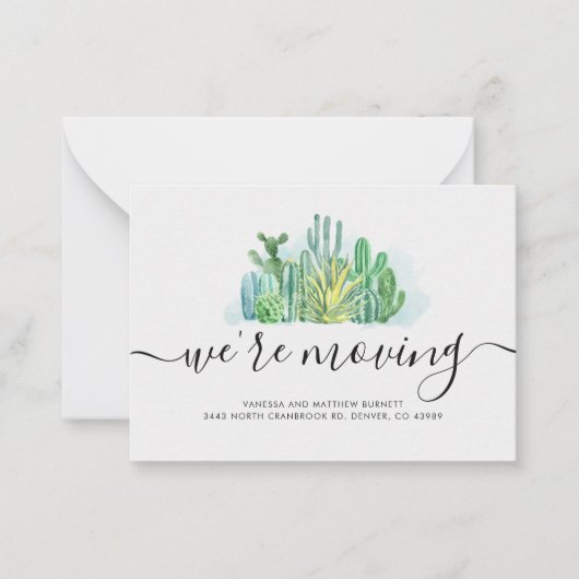 We verplaatsen Waterverf Cacti-adreswijzigingsnoti Notitiekaartje (Voorkant)