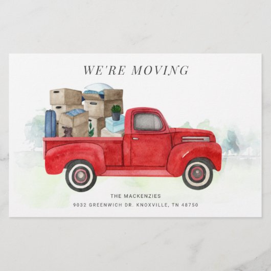 We verplaatsen Waterverf Red Truck Address Change Briefpapier (Voorkant)