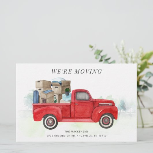 We verplaatsen Waterverf Red Truck Address Change Briefpapier (Staand voorkant)