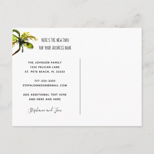 We verplaatsten Waterfront Dock Palm Tree Nieuw ad Aankondigingskaart (Achterkant)
