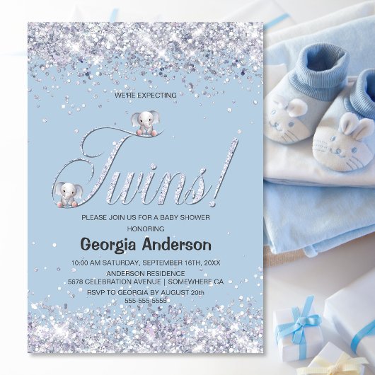 We verwachten Twins Blue Elephant Glitter Kaart