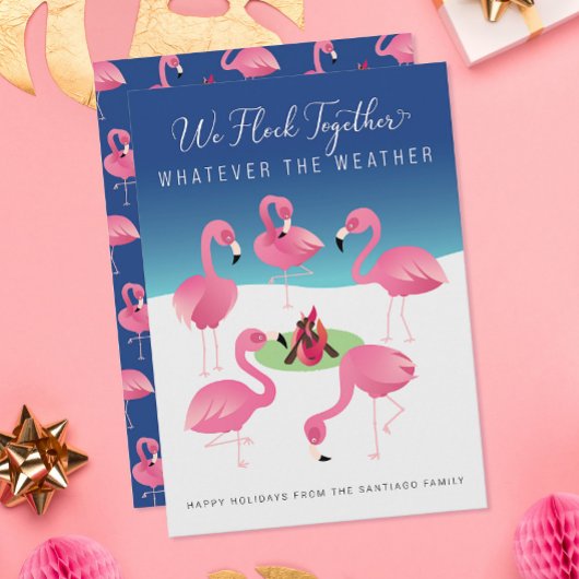 We vliegen samen met roze flamingos kerstfeestdag kaart