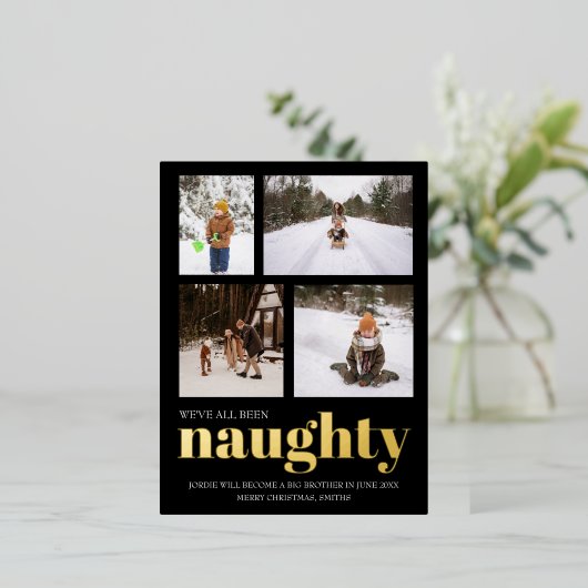 We waren stoute zwangerschapsuitkondiging kerst folie feestdagen briefkaart (Staand Voorkant)