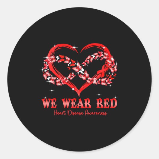 We Wear Red Butterfly Heart Heart Disease Awarenes Ronde Sticker (Voorkant)
