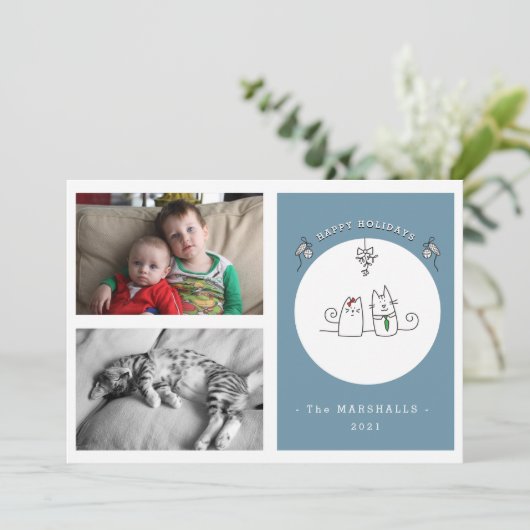 We wensen je een Meowy kerstgrappige Kat Blauwe Fo Feestdagenkaart (Staand voorkant)