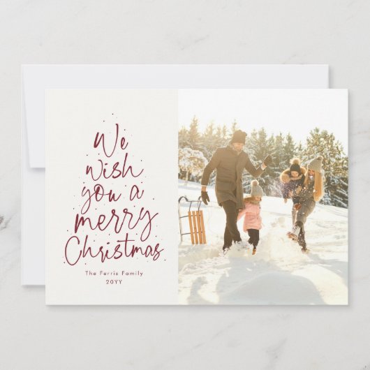 We wensen je een prettige kerstfoto met rood feestdagenkaart (Voorkant)
