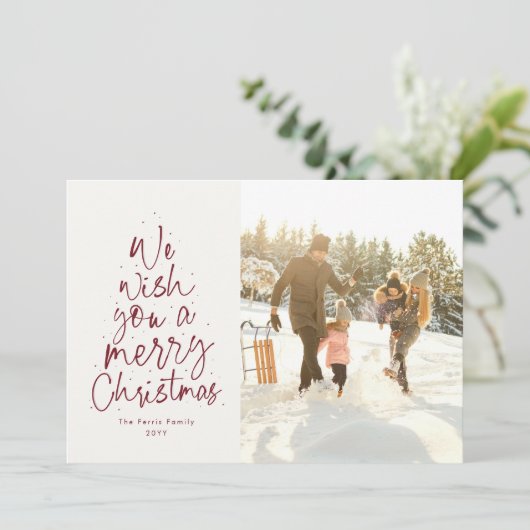 We wensen je een prettige kerstfoto met rood feestdagenkaart (Staand voorkant)