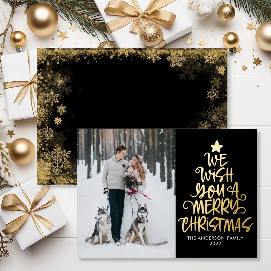 We wensen u een prettige kerstfoto met een zwarte  folie feestdagenkaart