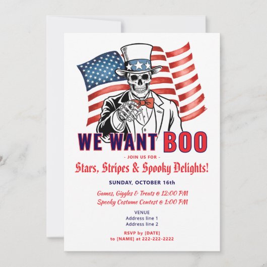 We willen een patriottisch Halloweenkostuumfeest Kaart (Voorkant)