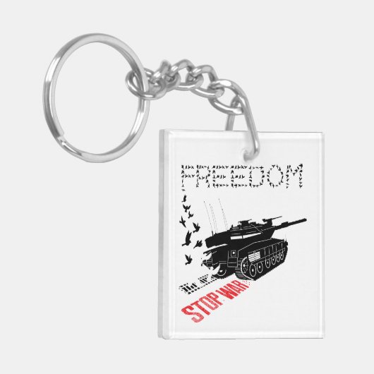 We willen wereldvrede en vrijheid, stop de oorlog sleutelhanger (Voorkant Links)