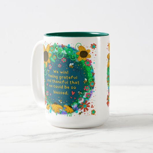 We winnen  bloemenhommel gezegend citaat tweekleurige koffiemok (Voorkant links)