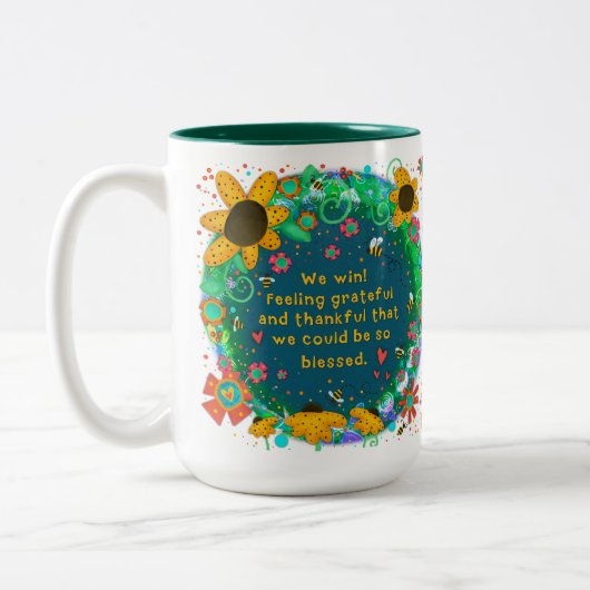 We winnen  bloemenhommel gezegend citaat tweekleurige koffiemok (Links)